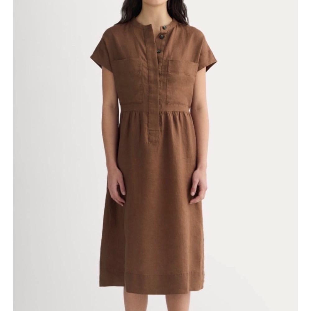 Everlane Craft Dress Linen Cedarwood Brown Short Sleeve Midi - Large